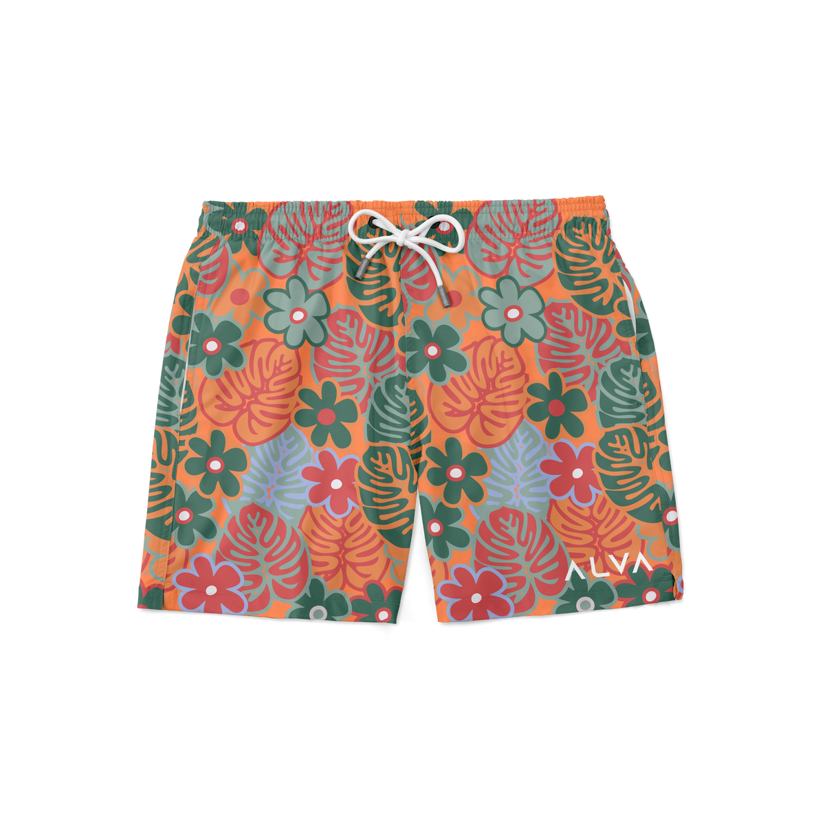 Swim Trunks w/ Lining - Retro Tiger Orange Floral
