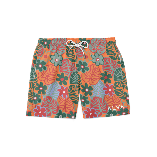 Swim Trunks w/ Lining - Retro Tiger Orange Floral